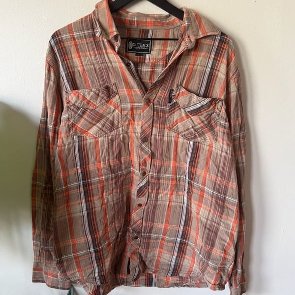 Outback Trading Company Plaid Flannel Shirt Size XL Orange Brown Long Sleeve
