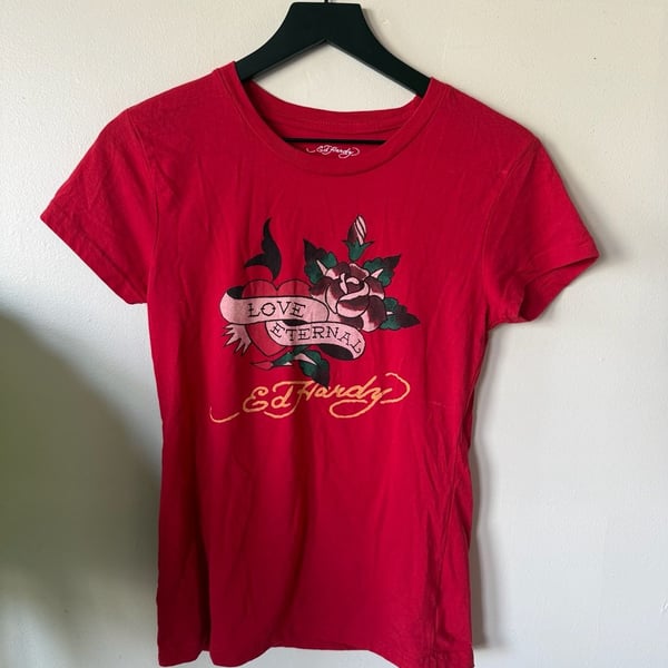 Ed Hardy Love Eternal T-Shirt Size L Red Rose Heart Graphic