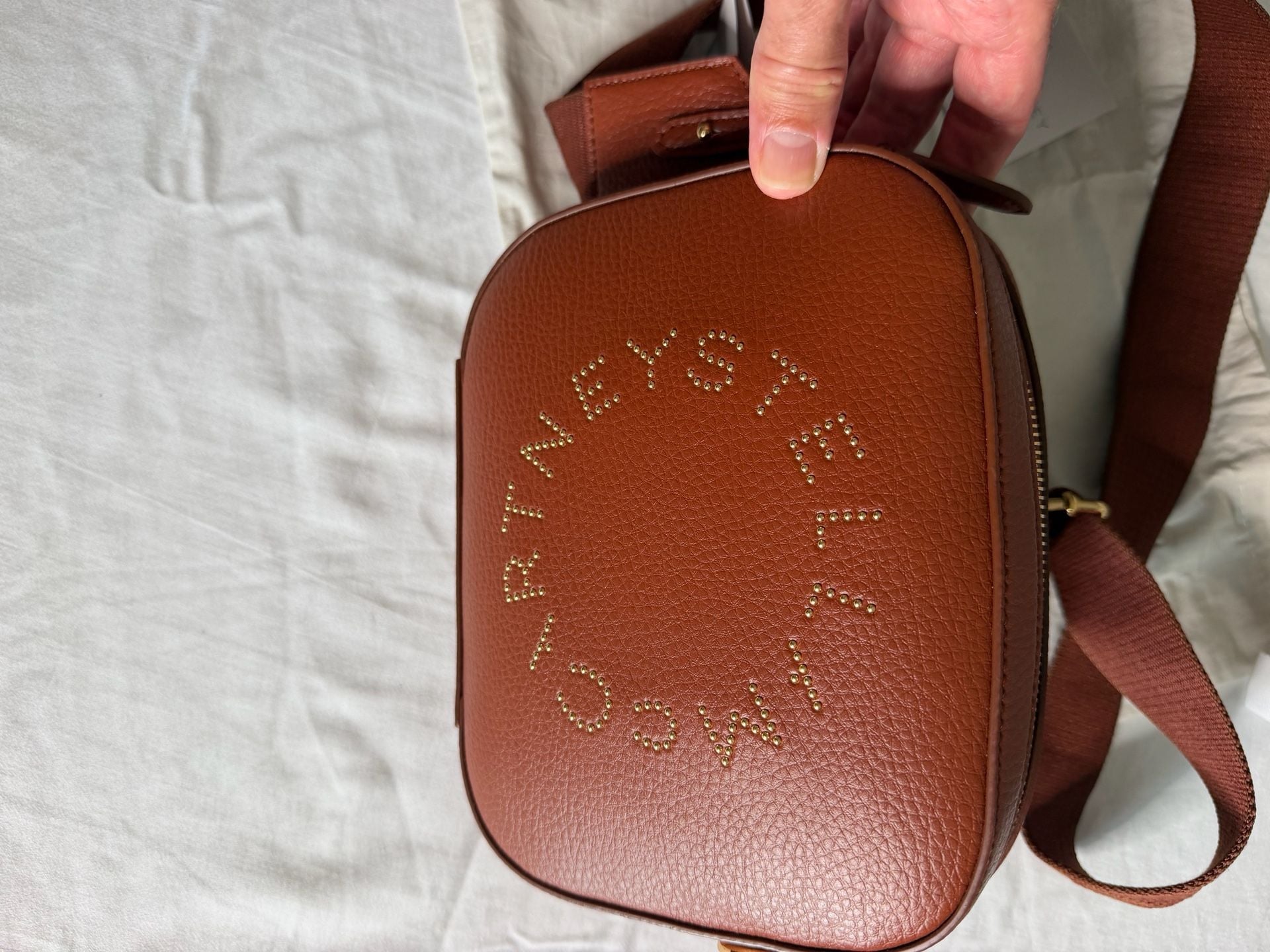 Stella McCartney $925 Logo Camera Crossbody Bag Auburn Brown 2