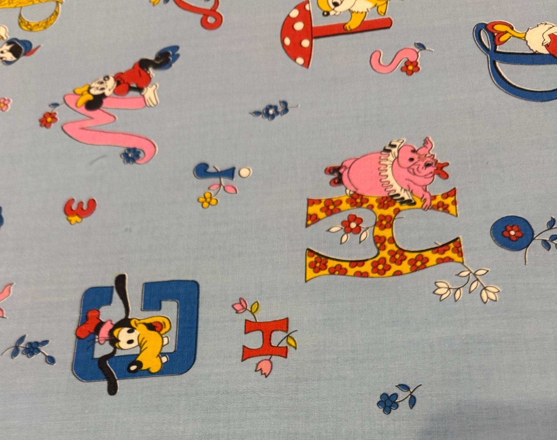 Vintage Disney ABC Fabric Blue Cotton Character Print - Remnant 1