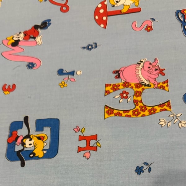 Vintage Disney ABC Fabric Blue Cotton Character Print - Remnant 