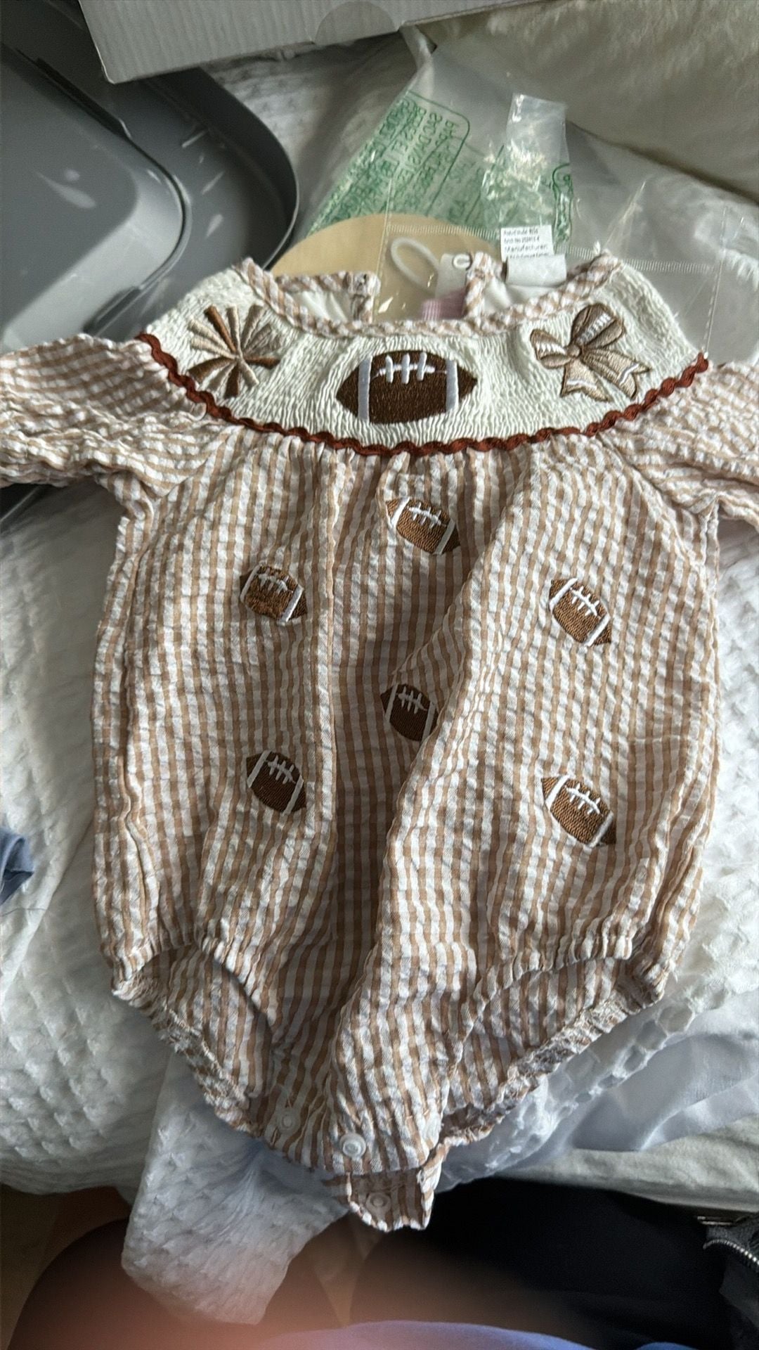 Smocked Bubble Romper Brown Gingham Football Size 0-3 Months 1