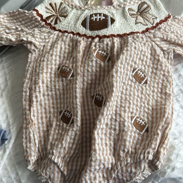 Smocked Bubble Romper Brown Gingham Football Size 0-3 Months