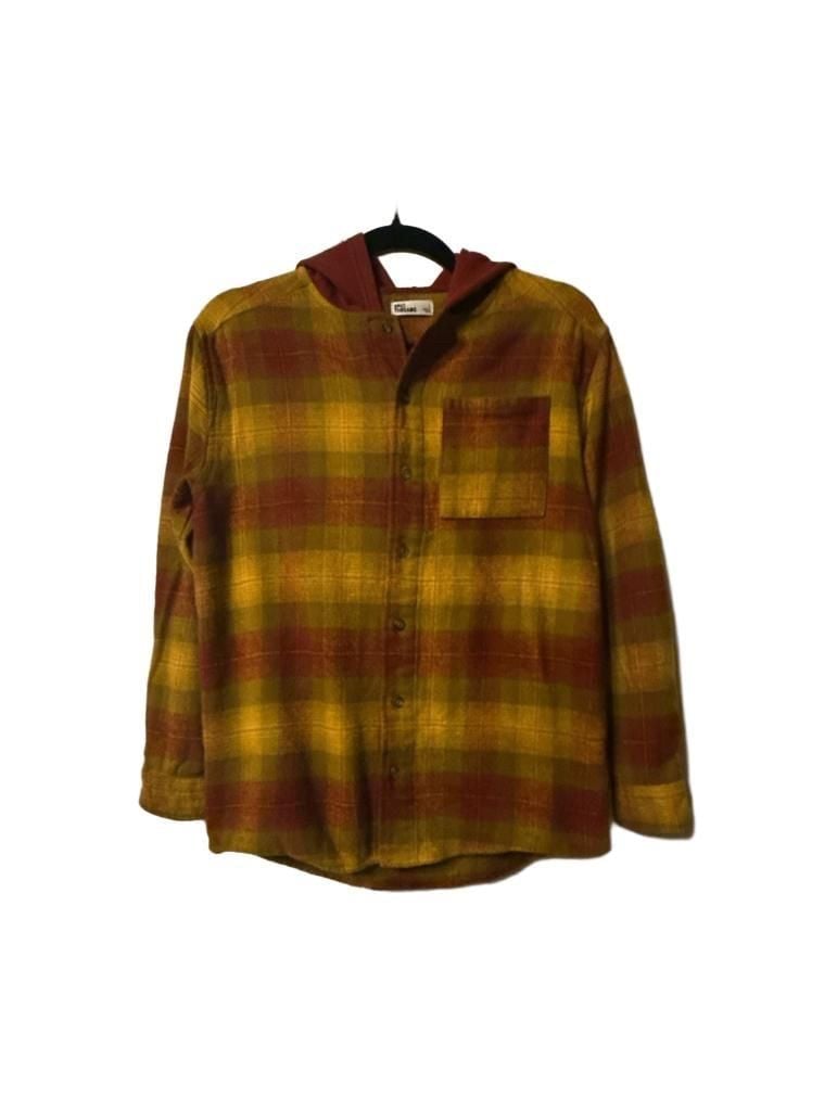 Epic Threads Plaid Hooded Button Down Shirt Size L Yellow Red 2