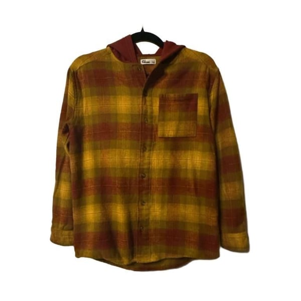 Epic Threads Plaid Hooded Button Down Shirt Size L Yellow Red