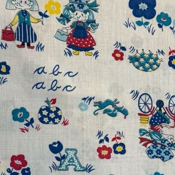 Vintage 1970s Holly Hobbie Style Cotton Fabric Remnant