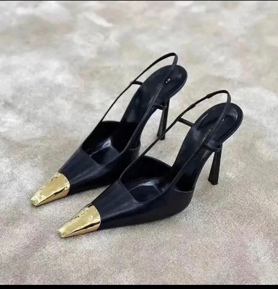 Women Gold Decor Squared Pointy Toe Stiletto Sing Back Strap Party Sexy Elegant. 2