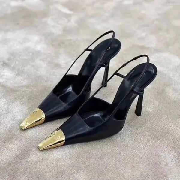 Women Gold Decor Squared Pointy Toe Stiletto Sing Back Strap Party Sexy Elegant.