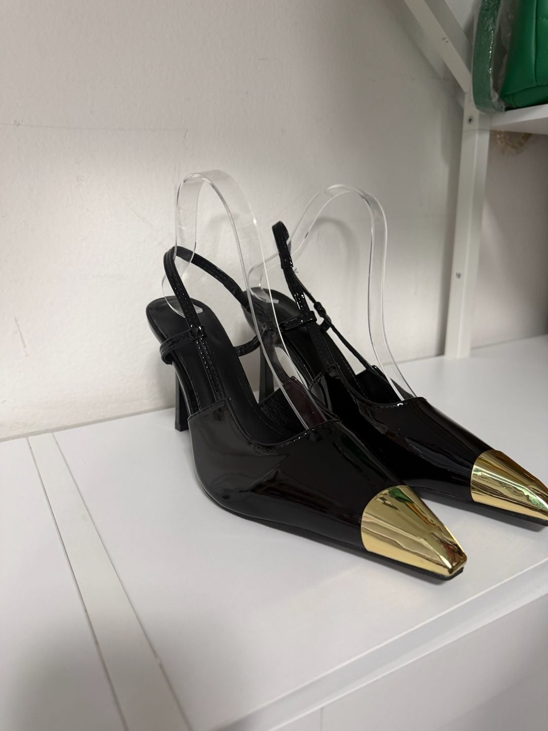 Women Gold Decor Squared Pointy Toe Stiletto Sing Back Strap Party Sexy Elegant. 3