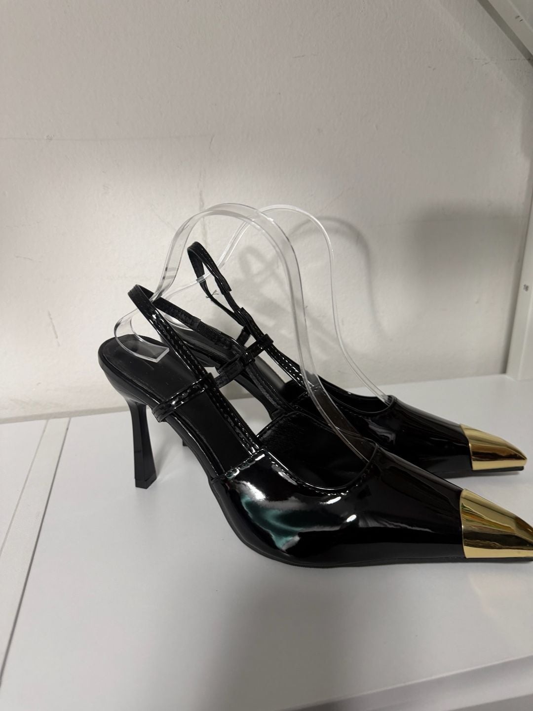 Women Gold Decor Squared Pointy Toe Stiletto Sing Back Strap Party Sexy Elegant. 4