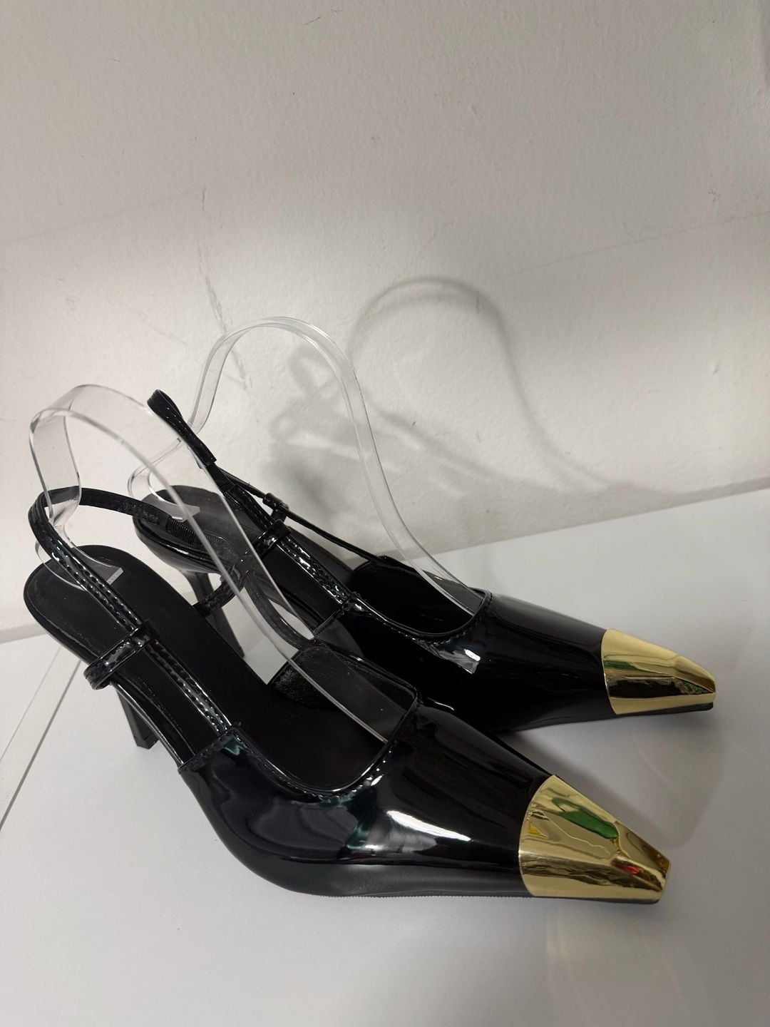 Women Gold Decor Squared Pointy Toe Stiletto Sing Back Strap Party Sexy Elegant. 5