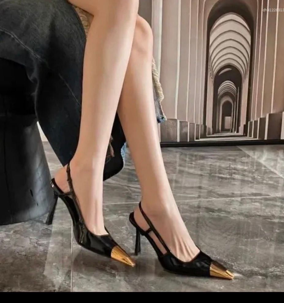 Women Gold Decor Squared Pointy Toe Stiletto Sing Back Strap Party Sexy Elegant. 6