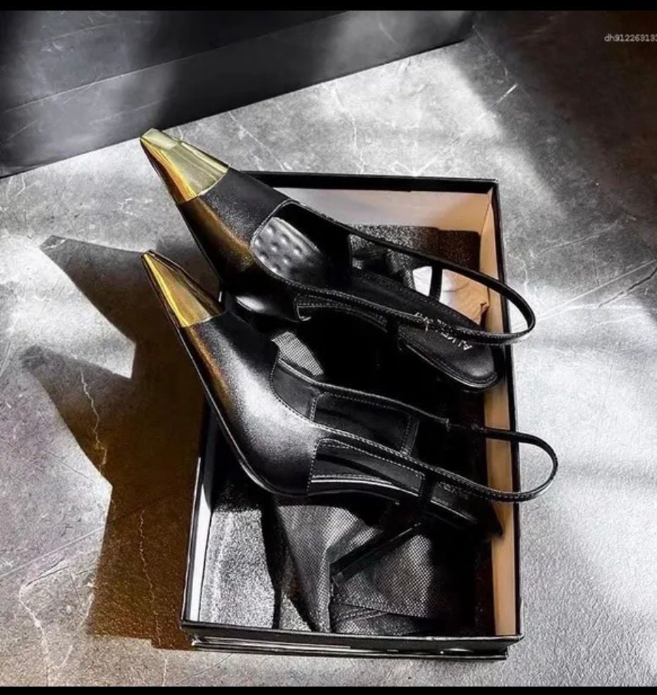 Women Gold Decor Squared Pointy Toe Stiletto Sing Back Strap Party Sexy Elegant. 7