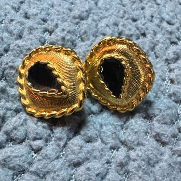 Judith Jack Vintage Gold Tone Black Stone Stud Earrings