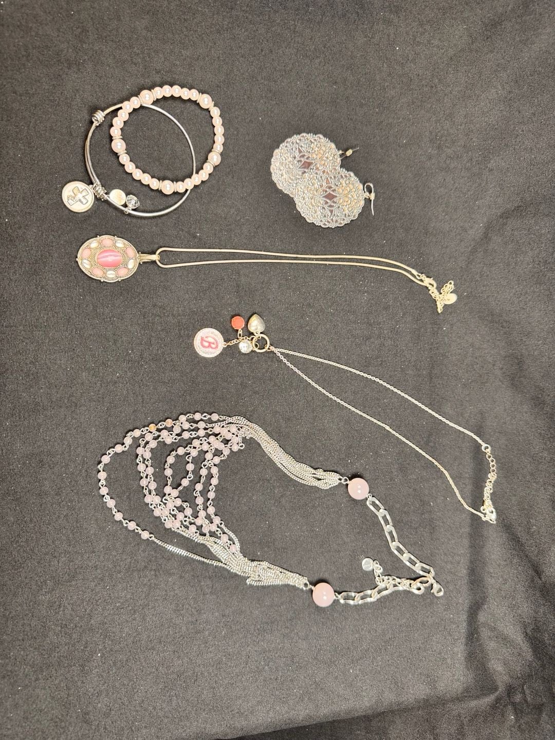 Lot of 6 Silver Tone Blush Pink Jewelry Necklaces Bracelets Earrings 11