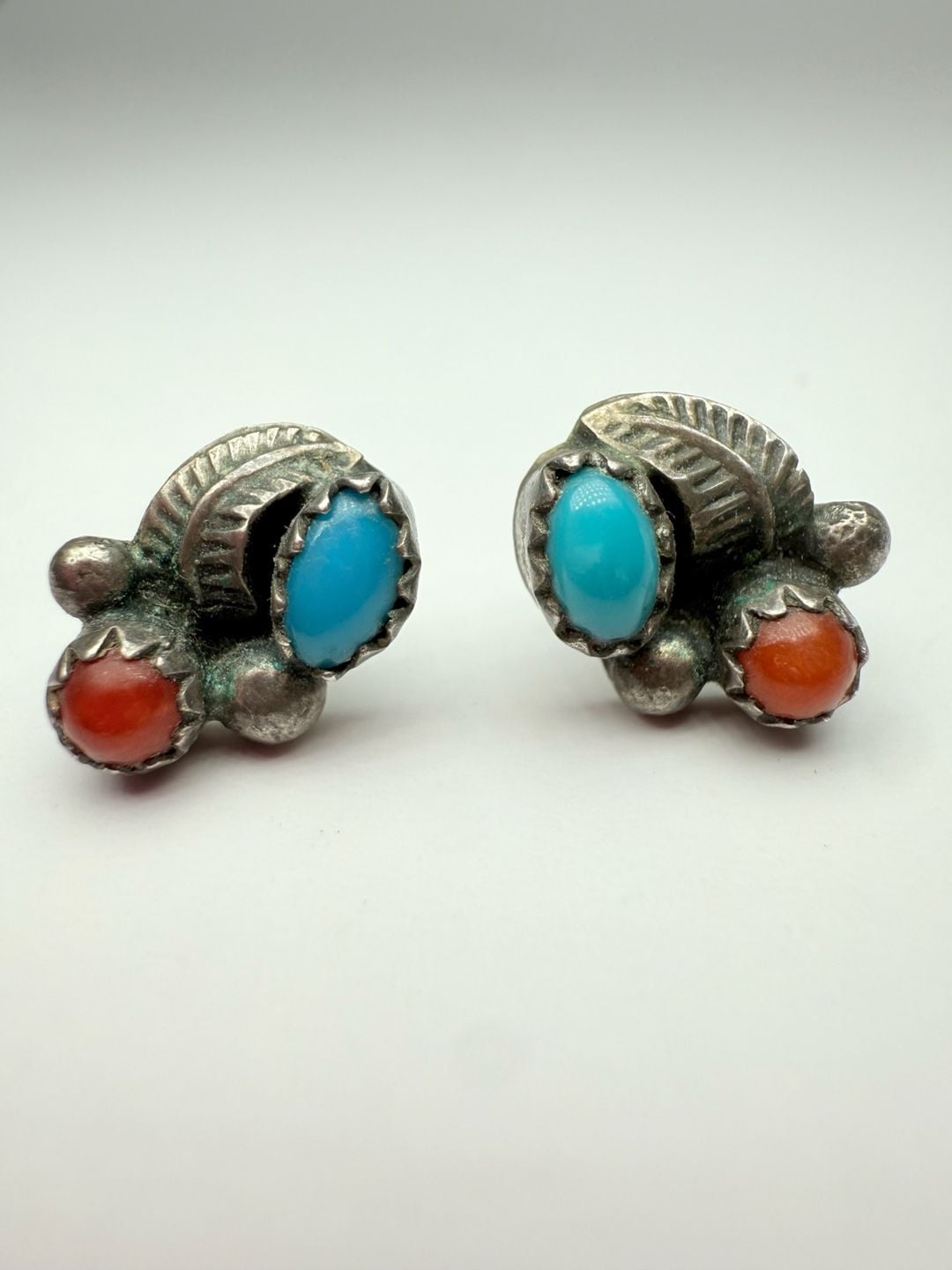 Navajo Sterling Silver Turquoise Coral Leaf Stud Earrings 2