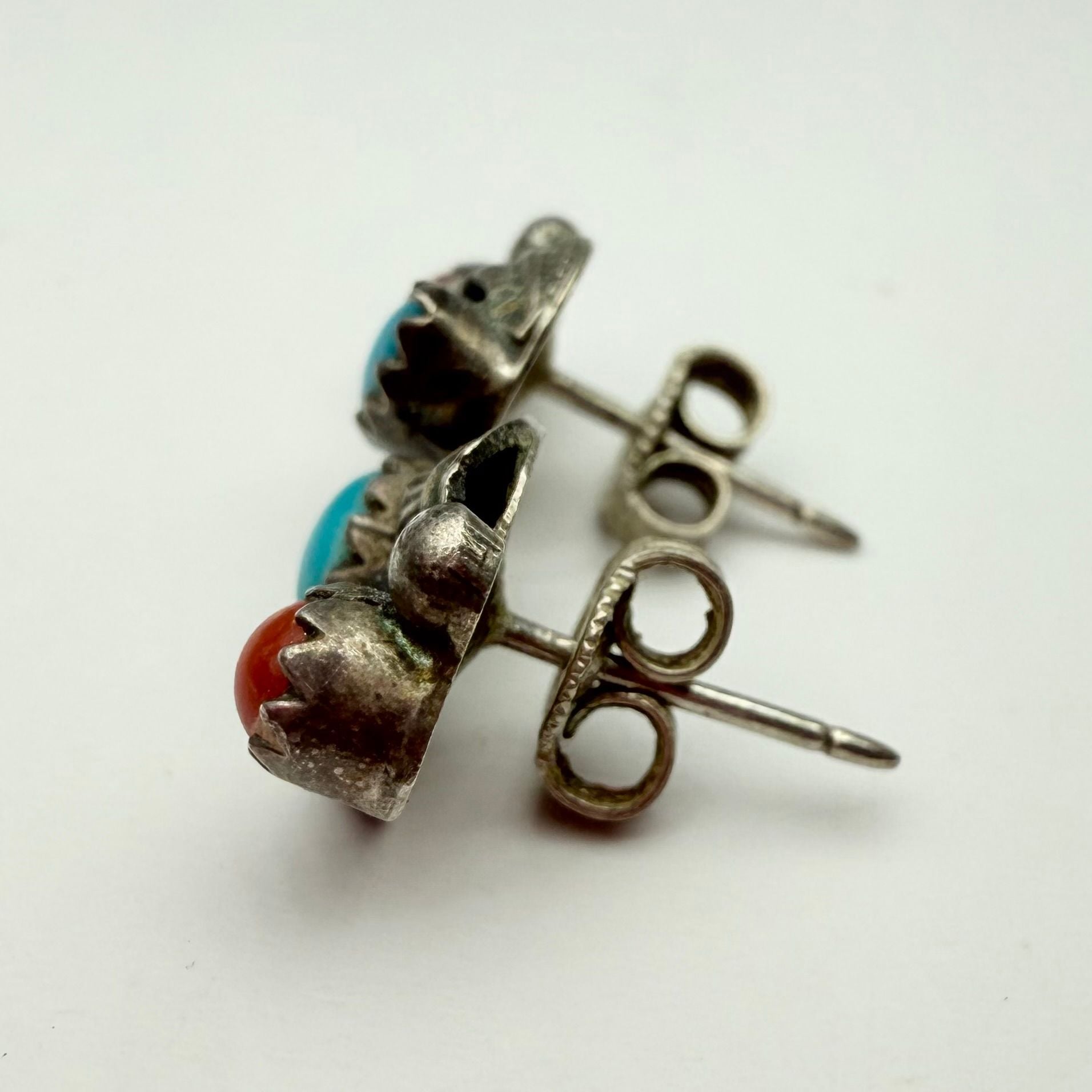 Navajo Sterling Silver Turquoise Coral Leaf Stud Earrings 5