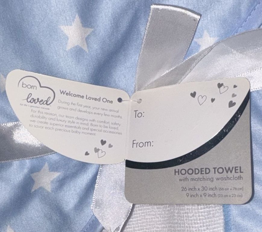 NWT Born Loved Hooded Towel 26 x 30 Blue w/ White Stars  7