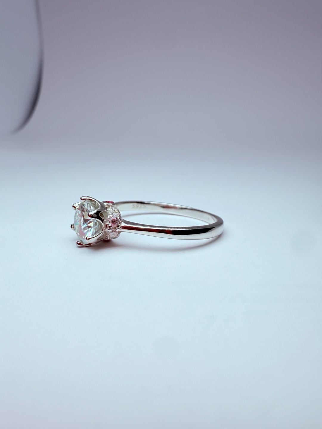 S925 Silver Round Cut Solitaire Engagement Ring with Pink Accents 3