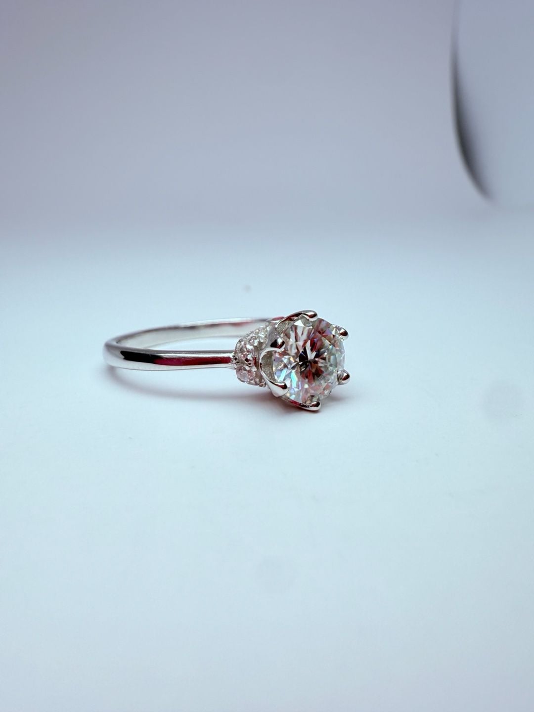 S925 Silver Round Cut Solitaire Engagement Ring with Pink Accents 6