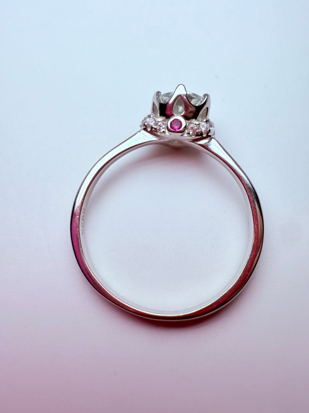 S925 Silver Round Cut Solitaire Engagement Ring with Pink Accents 7