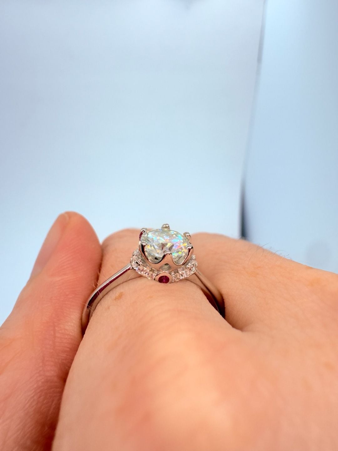 S925 Silver Round Cut Solitaire Engagement Ring with Pink Accents 8