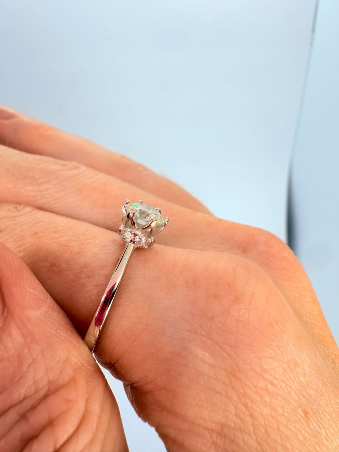S925 Silver Round Cut Solitaire Engagement Ring with Pink Accents 9