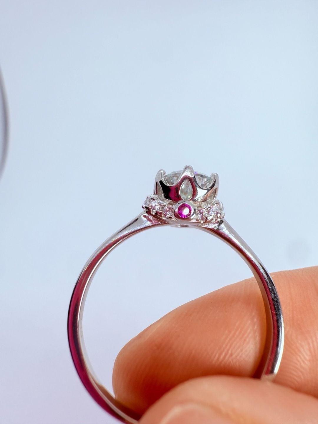 S925 Silver Round Cut Solitaire Engagement Ring with Pink Accents 13
