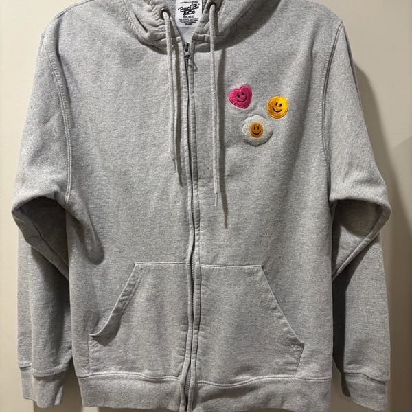 Pacific & Co Gray Zip-Up Hoodie Smiley Heart Flower Embroidery Size Small