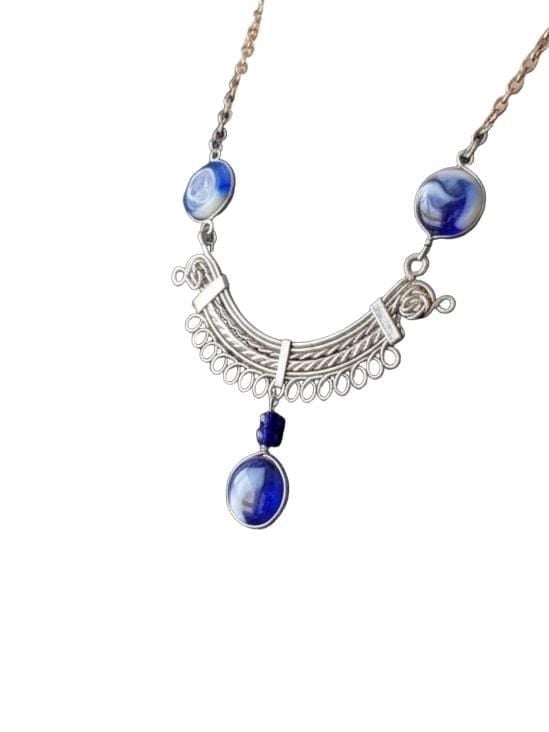 Silver-Tone Scroll Necklace with Blue Marble Accents 2