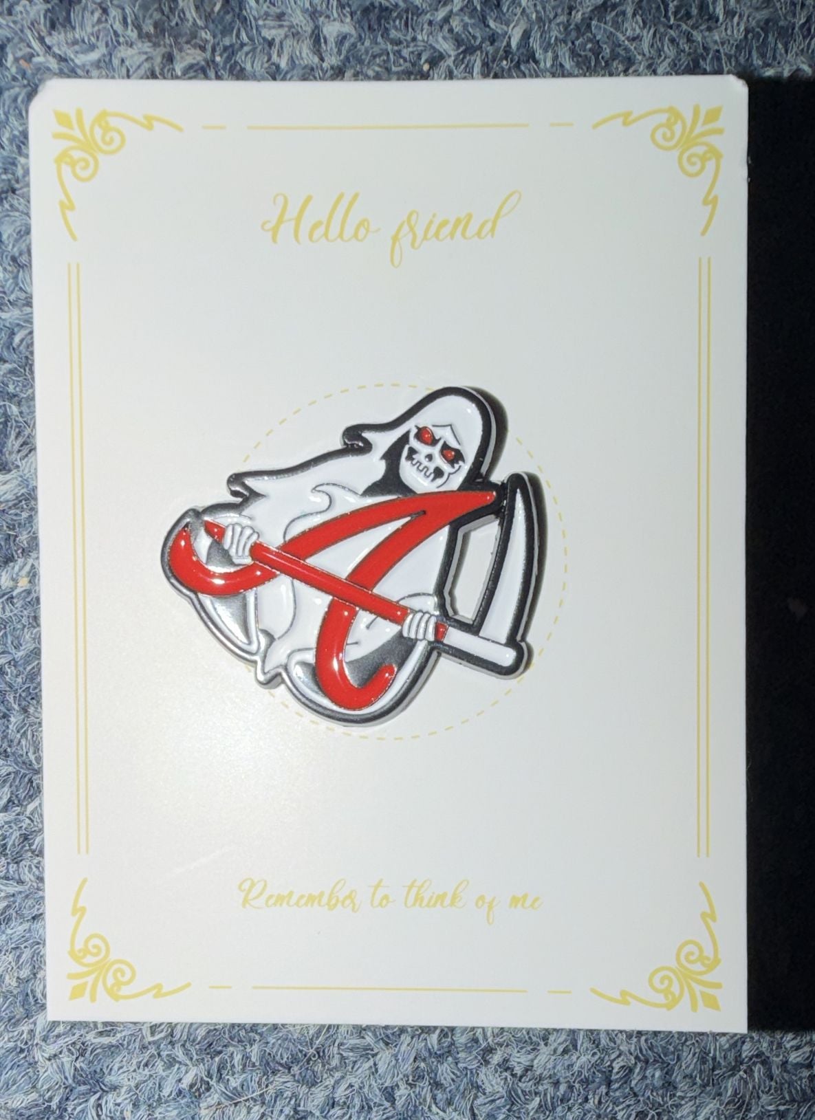 J0014 Grim Reaper Enamel Pin Hello Friend Red Scythe Badge 2
