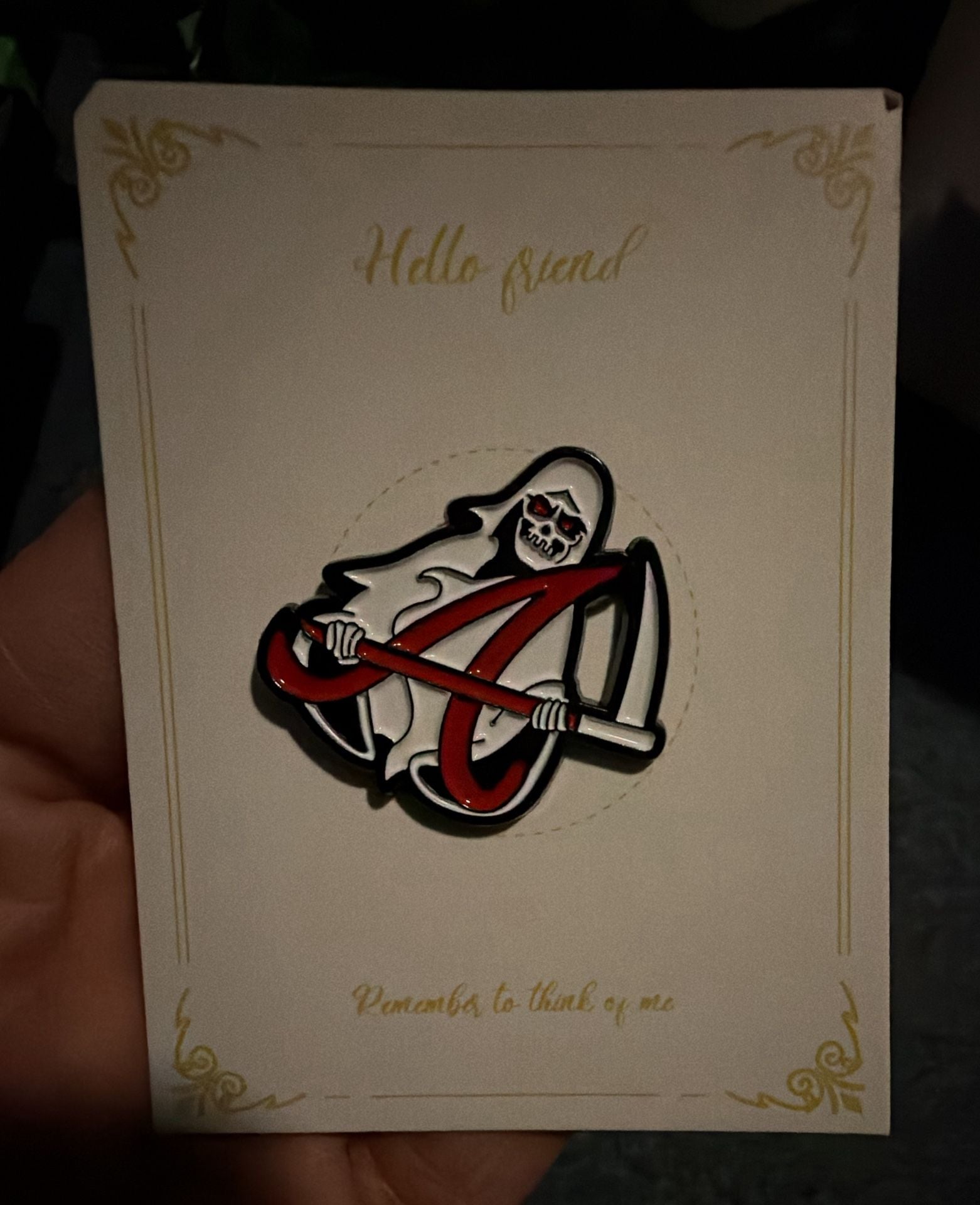 J0014 Grim Reaper Enamel Pin Hello Friend Red Scythe Badge 3