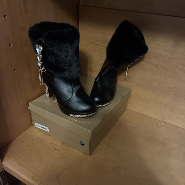 Unbranded Black Fur Rhinestone High Heel Boots Size 39