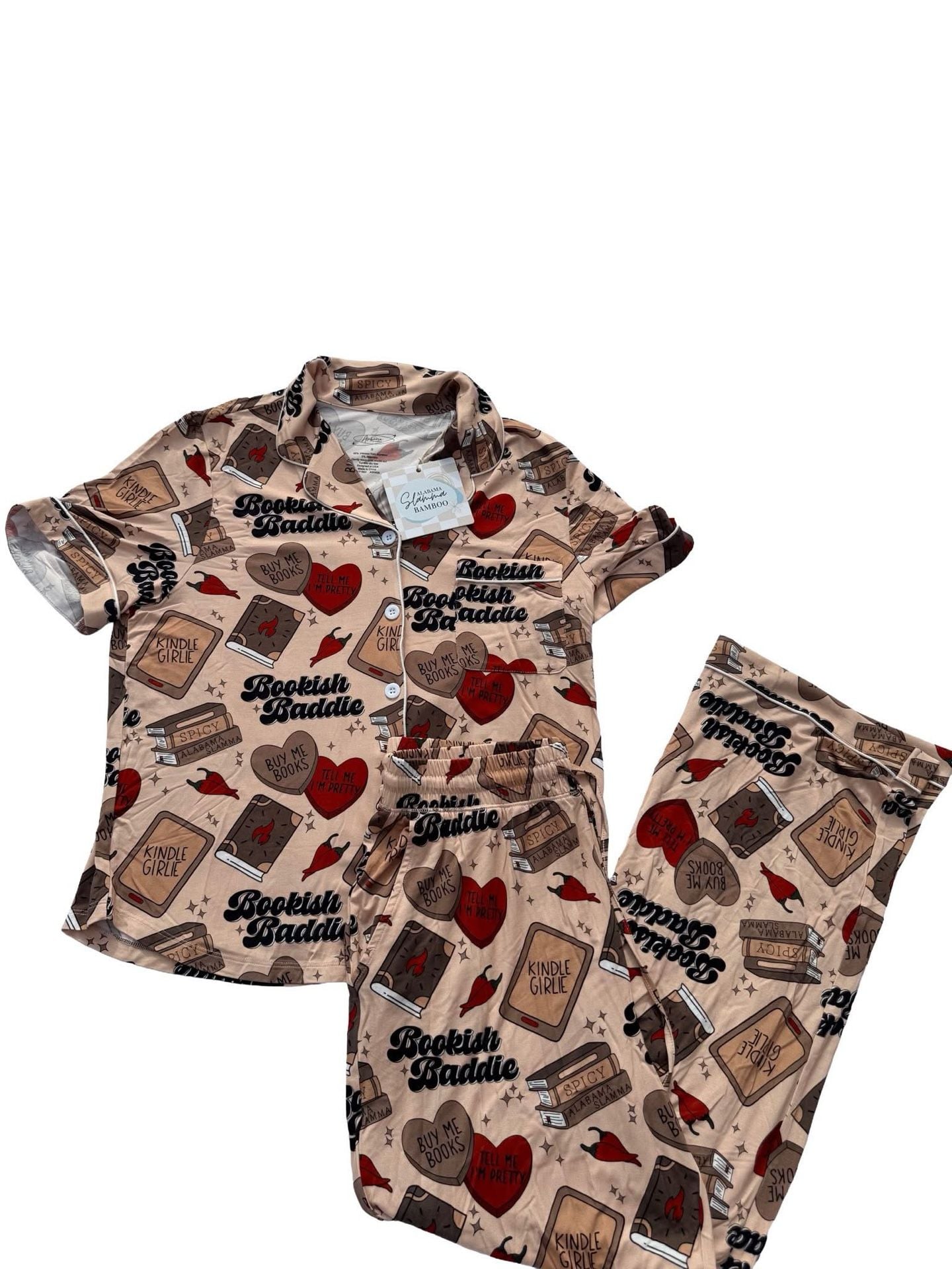 Alabama Slamma Bookish Baddie Pajama Set Size S Pink Short Sleeve Button Down 1