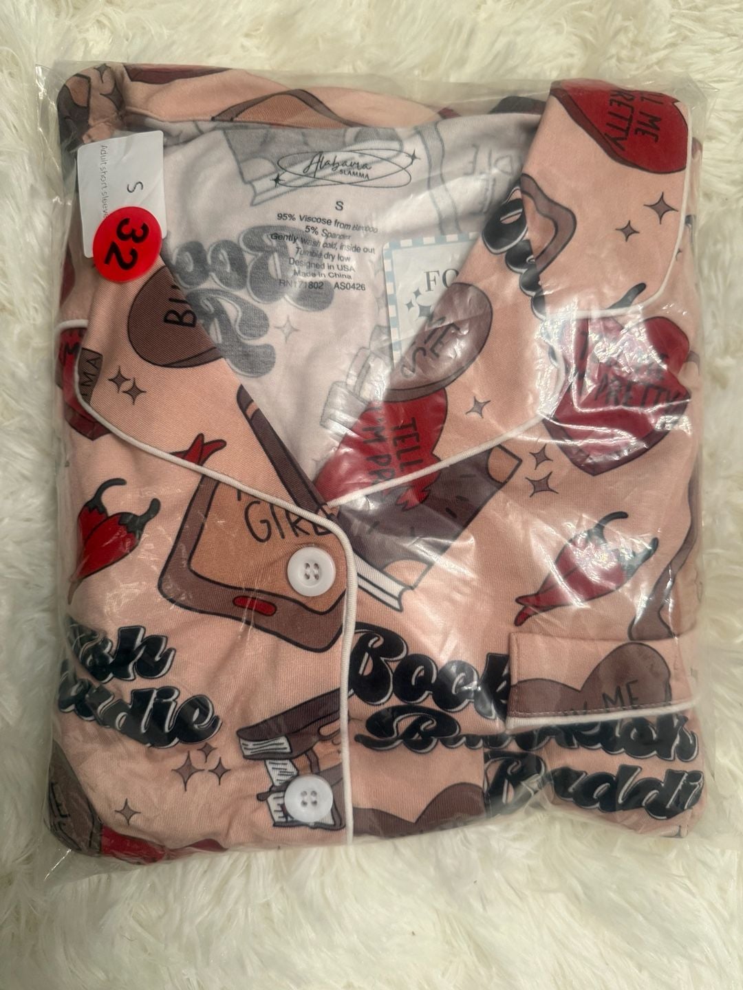 Alabama Slamma Bookish Baddie Pajama Set Size S Pink Short Sleeve Button Down 2
