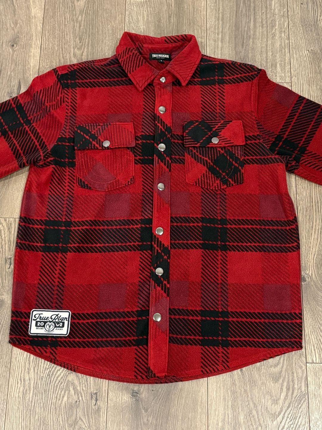 True Religion Polar Fleece Shacket Red Plaid Snap Button Shirt Small 2