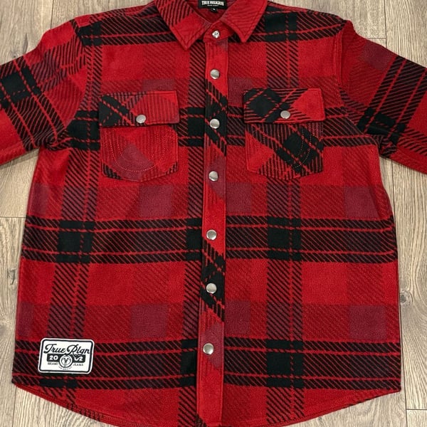 True Religion Polar Fleece Shacket Red Plaid Snap Button Shirt Small