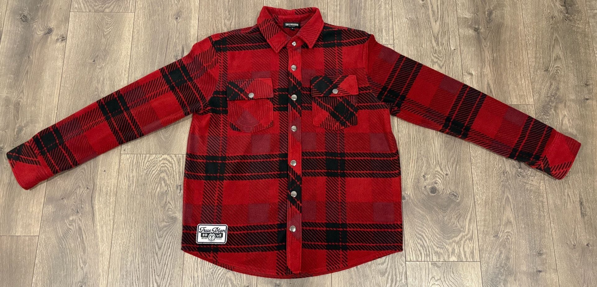 True Religion Polar Fleece Shacket Red Plaid Snap Button Shirt Small 3