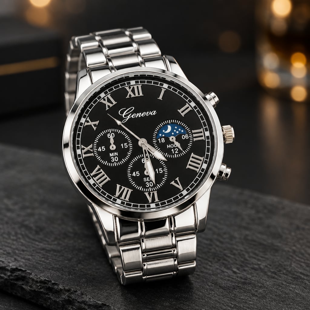 Geneva Roman Numeral Quartz Luxury Timepiece Black Dial Silver Steel 2