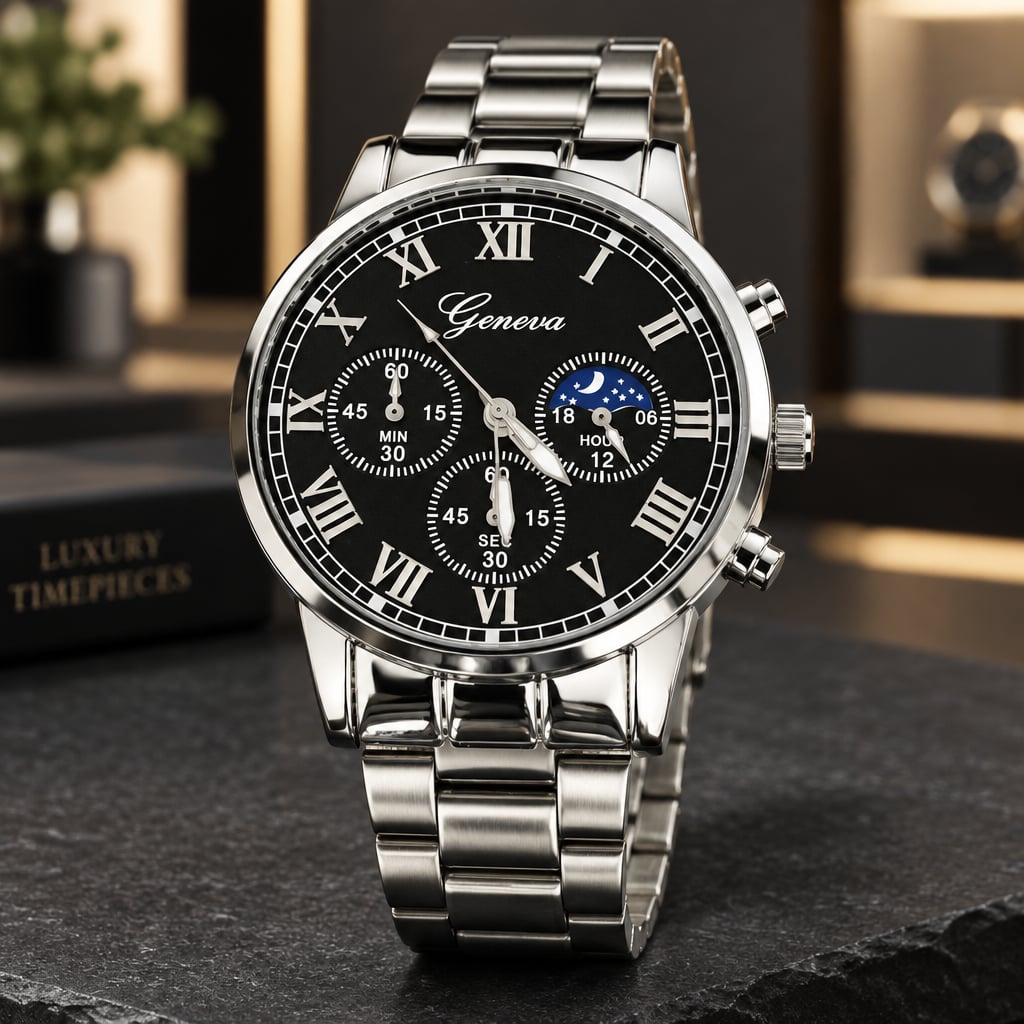 Geneva Roman Numeral Quartz Luxury Timepiece Black Dial Silver Steel 3