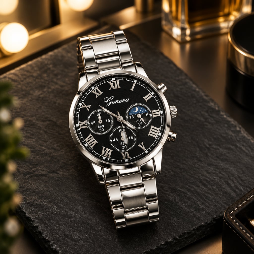Geneva Roman Numeral Quartz Luxury Timepiece Black Dial Silver Steel 5