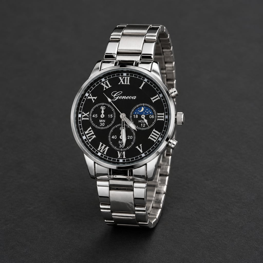 Geneva Roman Numeral Quartz Luxury Timepiece Black Dial Silver Steel 6