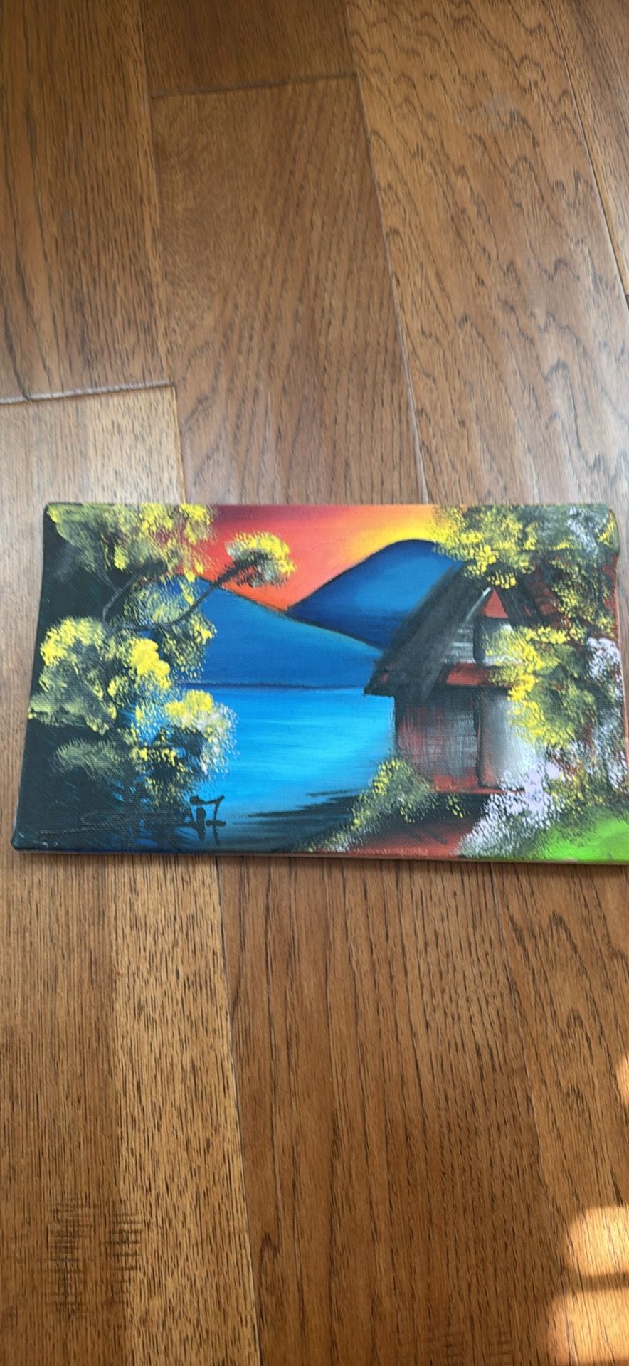 Original Hand Painted Mountain Lake Cabin Canvas Artwork 1
