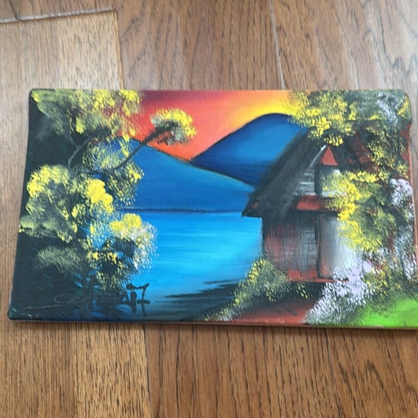 Original Hand Painted Mountain Lake Cabin Canvas Artwork