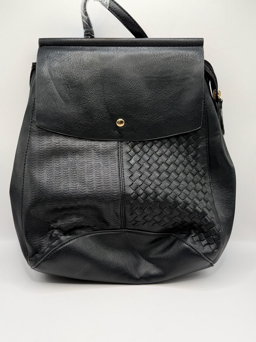 Purse Lux Black Faux Leather Woven Detail Backpack Purse 2