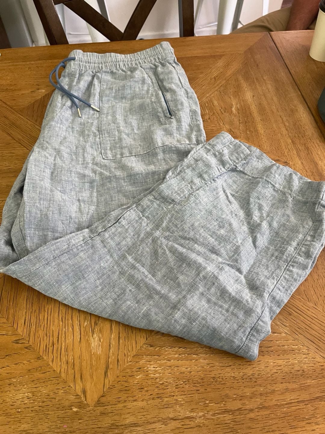 Athleta Cabo Linen Wide Leg Pants 18 Chambray Blue Coastal Resort Drawstring 12