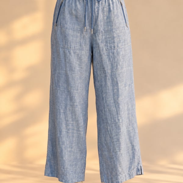 Athleta Cabo Linen Wide Leg Pants 18 Chambray Blue Coastal Resort Drawstring