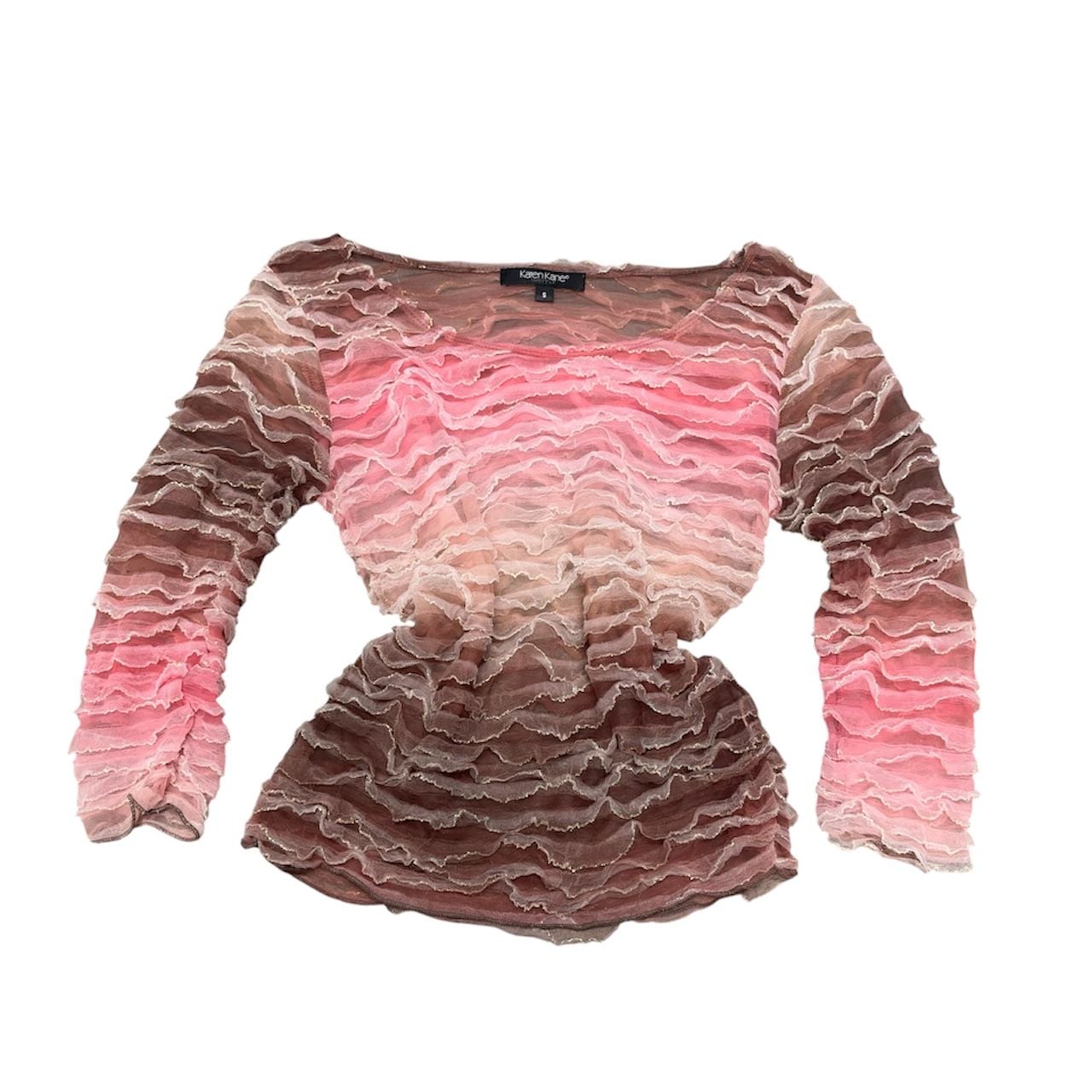 Y2K vintage Karen Kane Top Size S Pink Brown Sheer Ruffle Long Sleeve 2