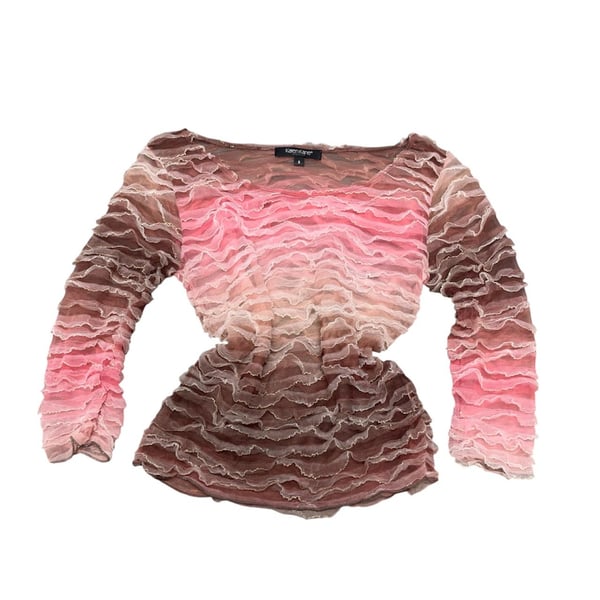 Y2K vintage Karen Kane Top Size S Pink Brown Sheer Ruffle Long Sleeve