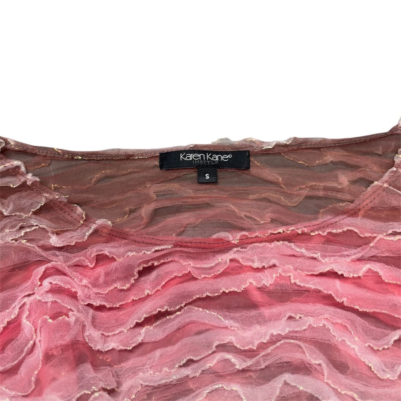 Y2K vintage Karen Kane Top Size S Pink Brown Sheer Ruffle Long Sleeve 3